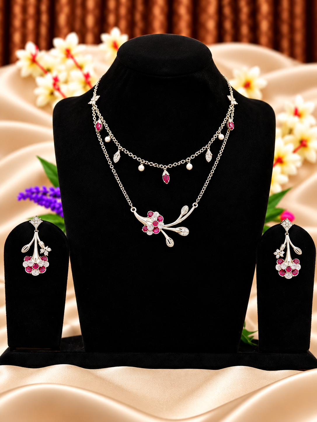 Oxidised silver replica pink floral delicate necklace set with matching earrings