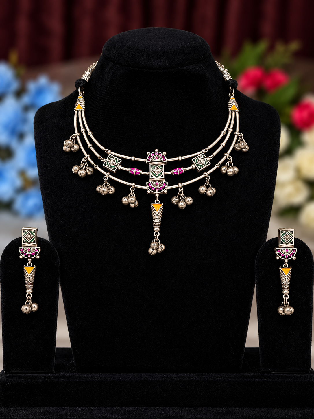Oxidised silver replica pink stone layered necklace set with matching earrings
