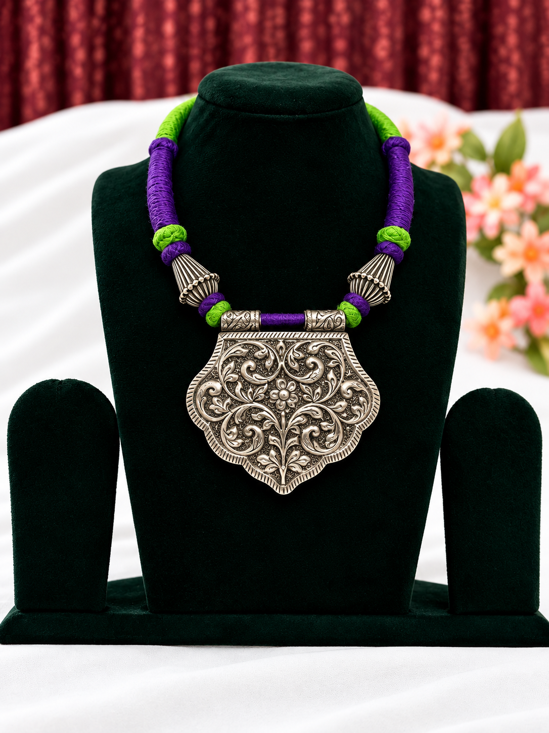 Oxidised silver replica purple and green thread necklace with ornate filigree pendant