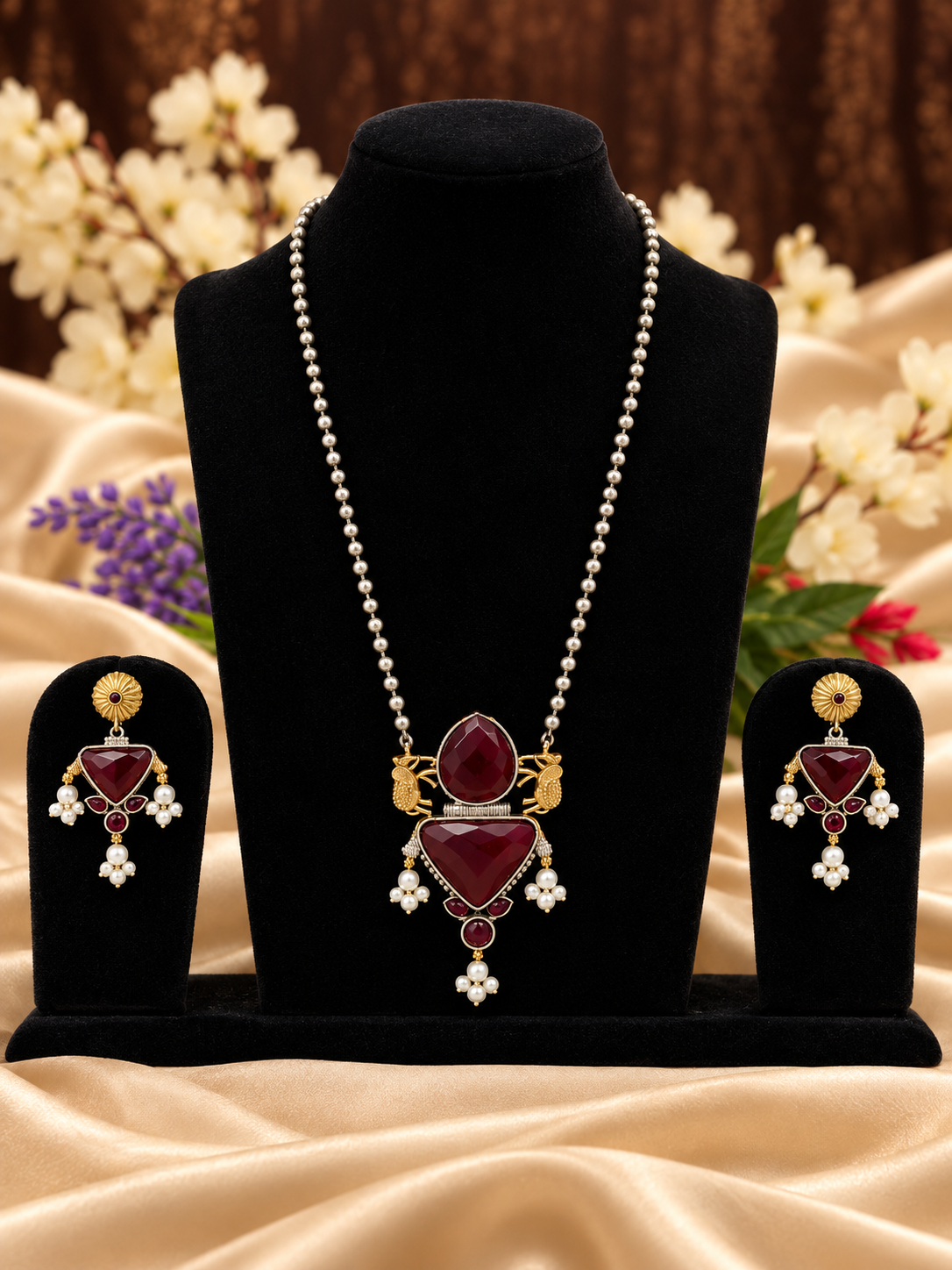 Oxidised silver replica red geometric layered pendant necklace set with matching earrings