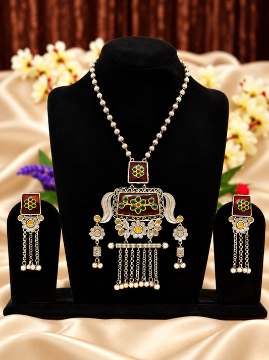 Oxidised silver replica red green square medallion necklace set with matching earrings