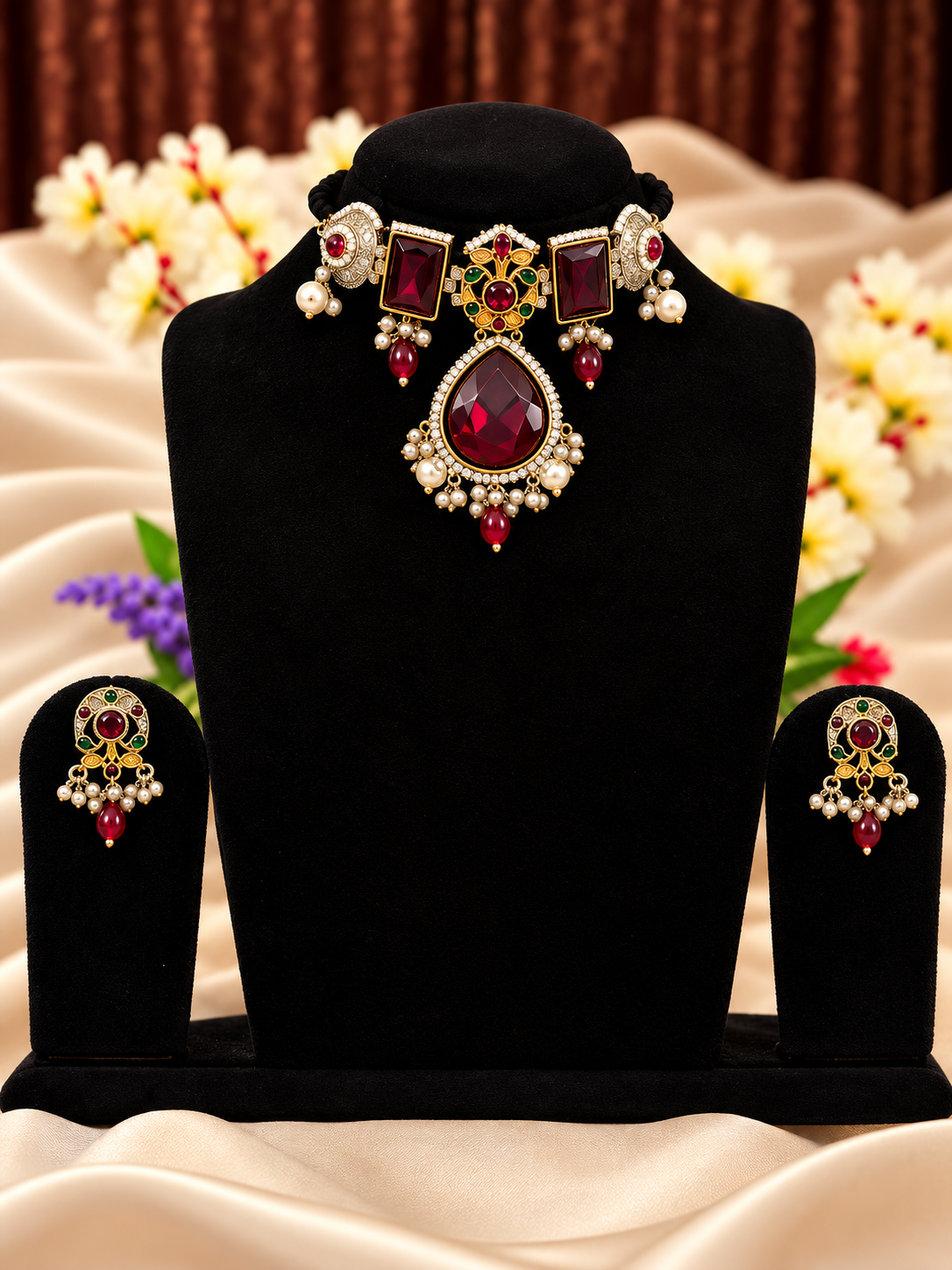 Oxidised silver replica red stone floral choker necklace set with matching earrings