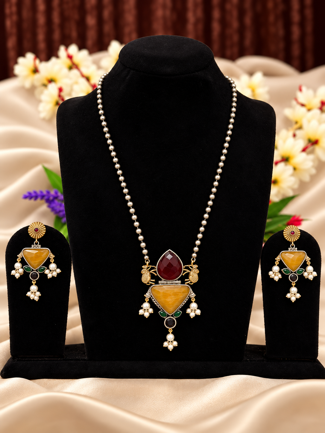 Oxidised silver replica red and yellow geometric pendant necklace set with matching earrings