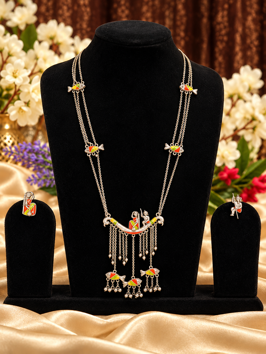 Oxidised silver replica two-tone bird motif lariat necklace set with matching earrings