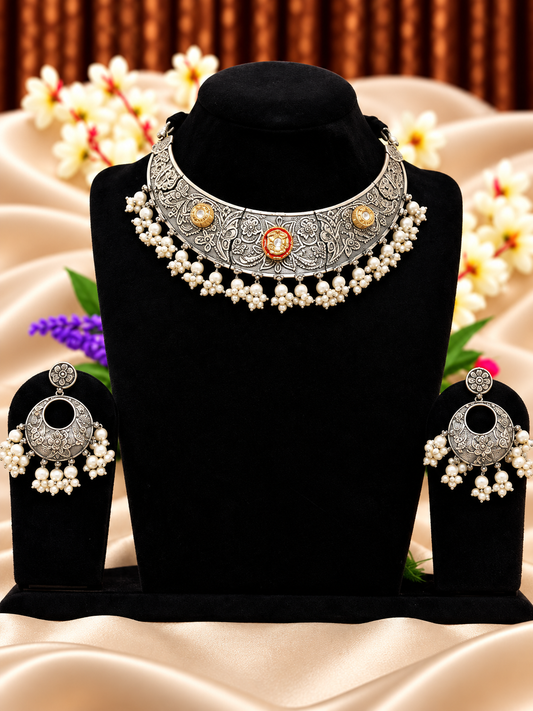 Oxidised silver replica two-tone floral choker necklace set with pearl-style fringe and matching earrings