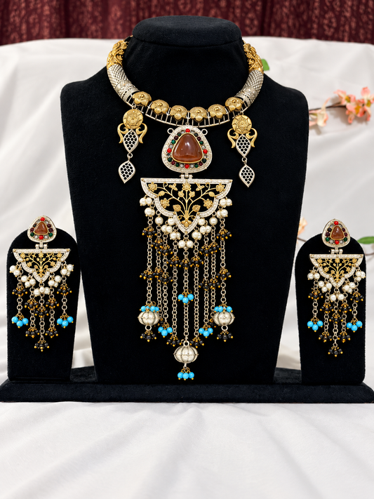 Oxidised silver replica two-tone tassel pendant necklace set with matching earrings