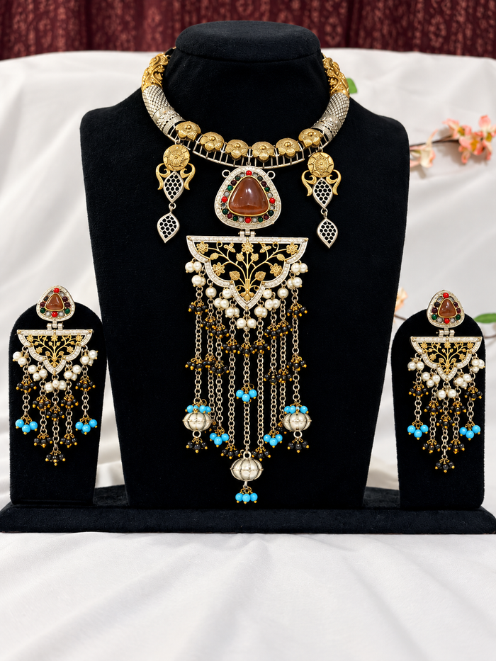 Oxidised Silver Replica Two-Tone Tassel Pendant Necklace Set with Earrings
