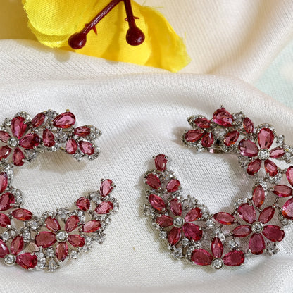 Close-up of Pink Nano Setting AD Floral Hoop Earrings
