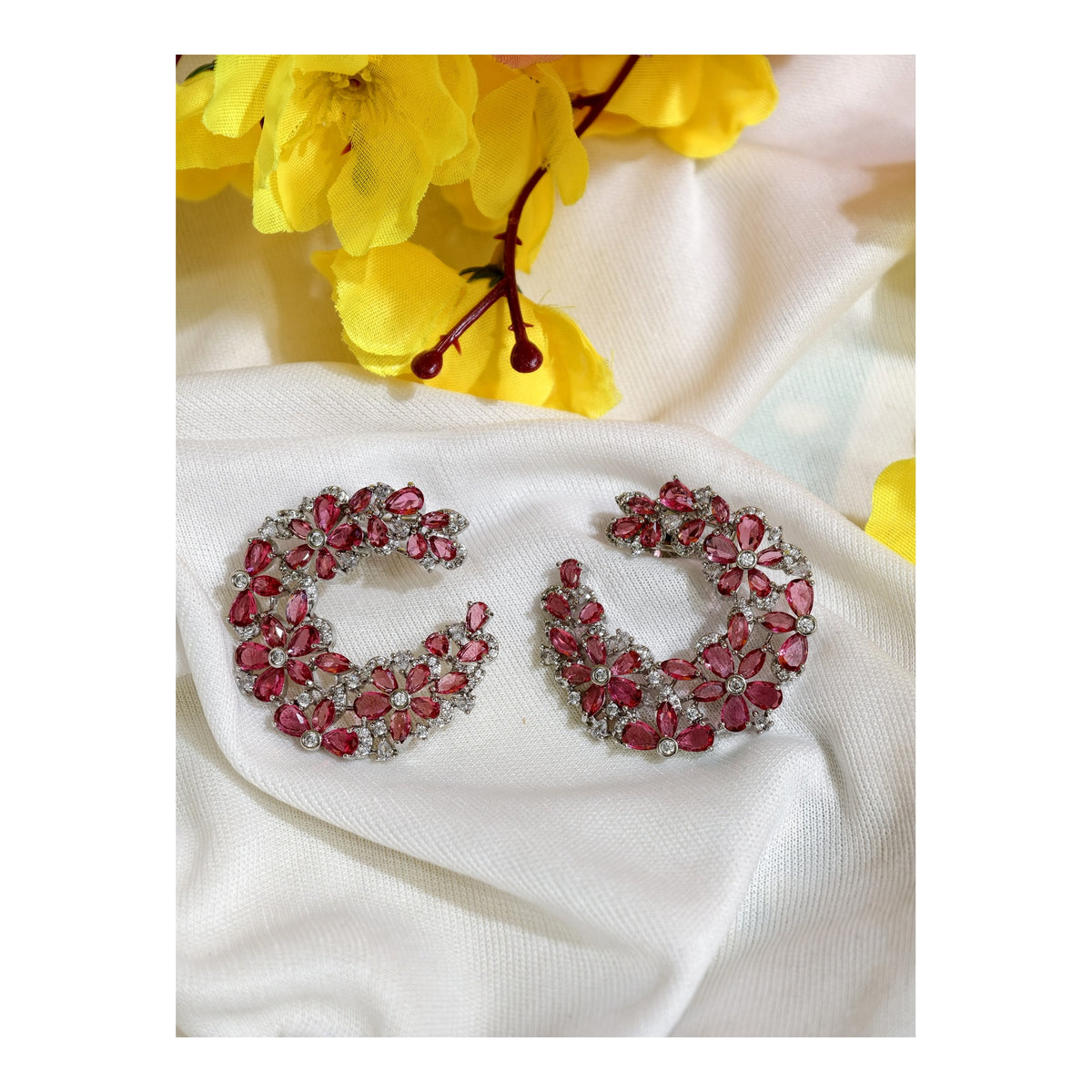 Pink Nano Setting AD Floral Hoop Earrings