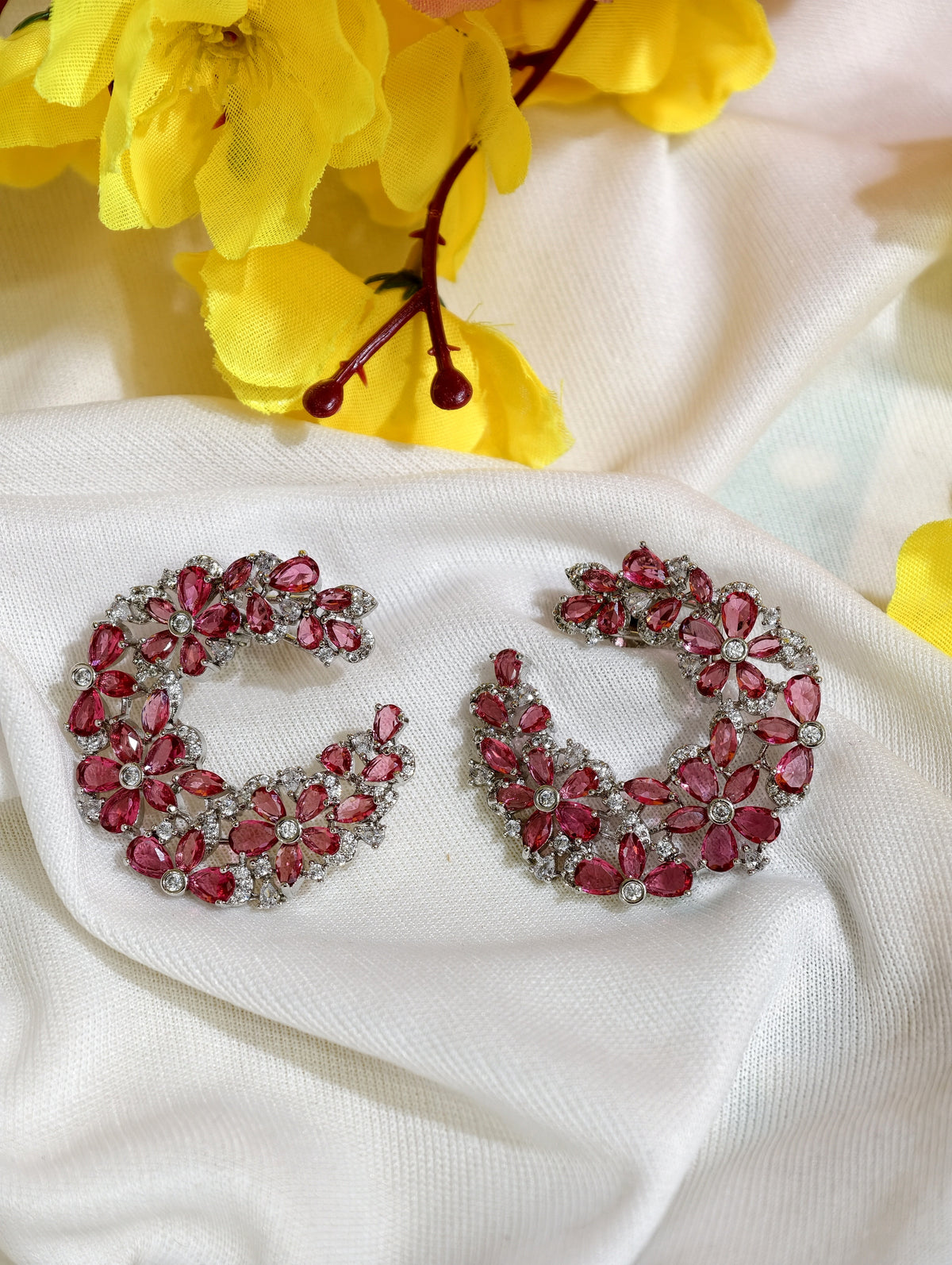 Original product view of Pink Nano Setting AD Floral Hoop Earrings