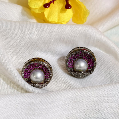 Close-up of Pink Nano Setting AD Pearl Centre Stud Earrings