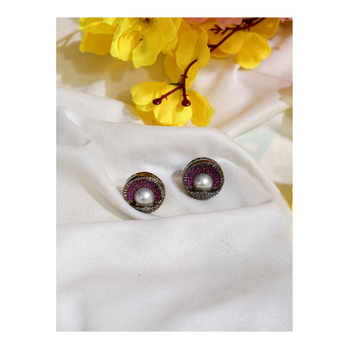 Pink Nano Setting AD Pearl Centre Stud Earrings