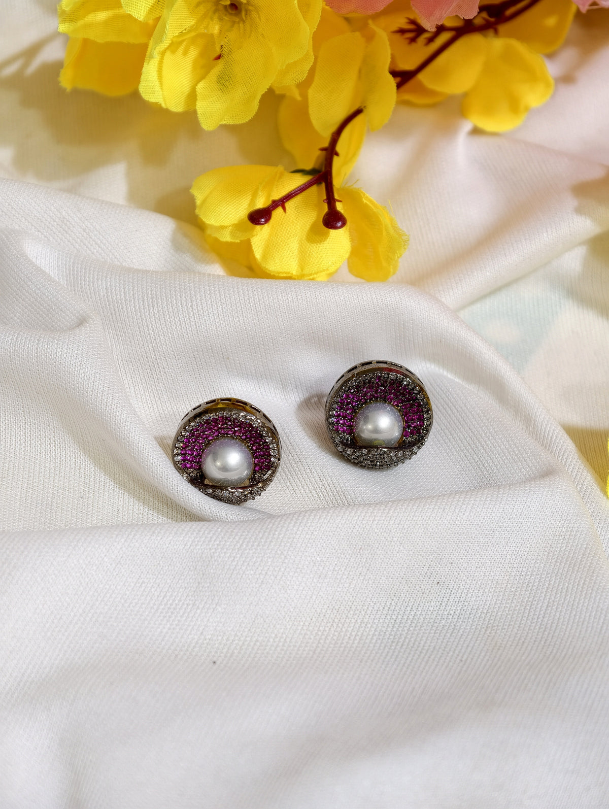 Original product view of Pink Nano Setting AD Pearl Centre Stud Earrings