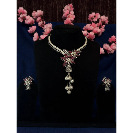 Pink Ruby & White American Diamond Floral Pearl Tassel Necklace Set with Stud Earrings