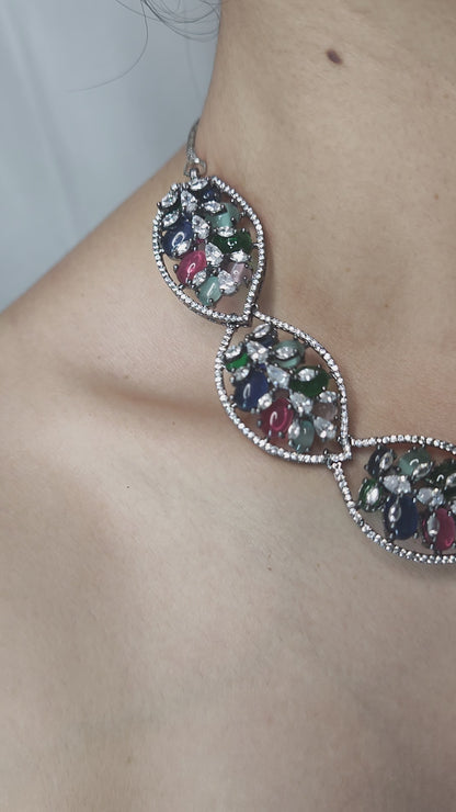 Multicolour Gemstone Floral Necklace Set