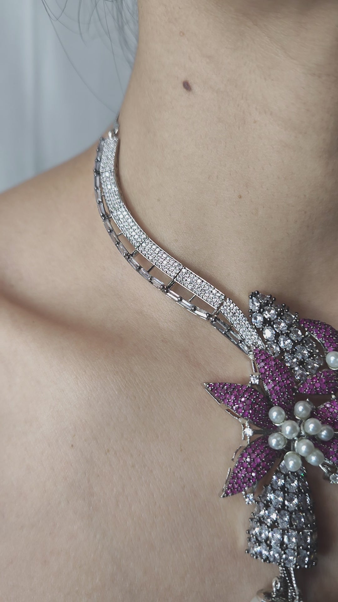 Floral Pearl Drop American Diamond Necklace Set with Pink Stones