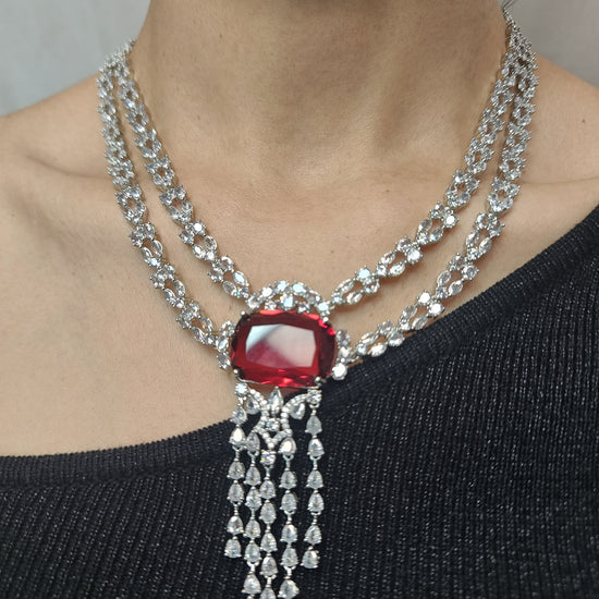American Diamond Double Layer Necklace Set with Red Stone Pendant & Matching Earrings