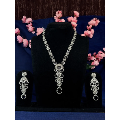 Purple & White American Diamond Long Floral Necklace Set with Earrings
