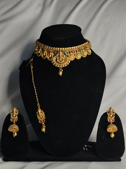 Premium Gajanan complete choker set with mangtika made with pure copper
