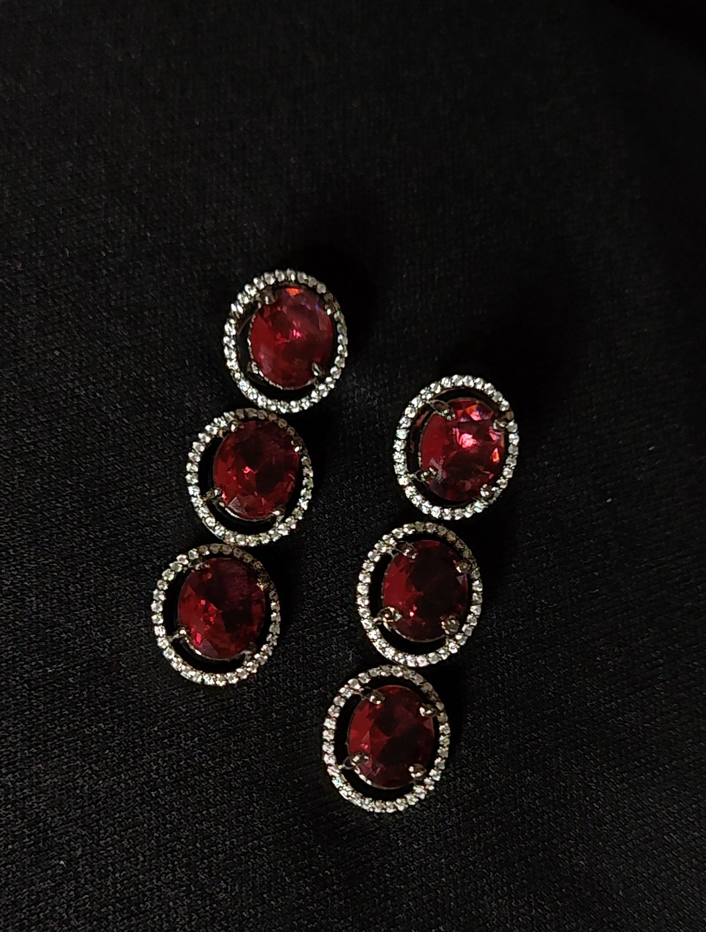 Maroon Triple Layer Necklace Set with White AD Stones – Bridal Jewellery with Earrings