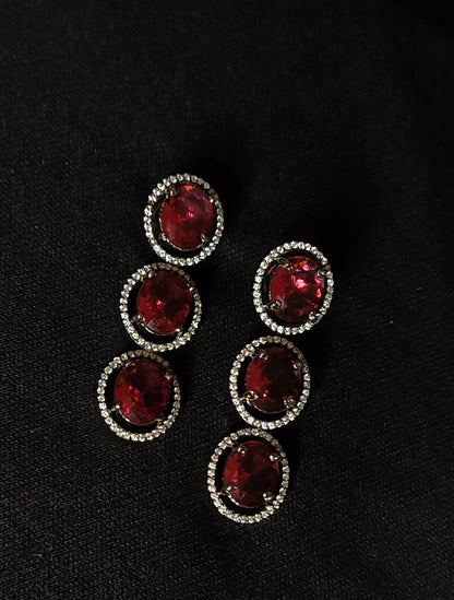 Maroon Triple Layer Necklace Set with White AD Stones – Bridal Jewellery with Earrings