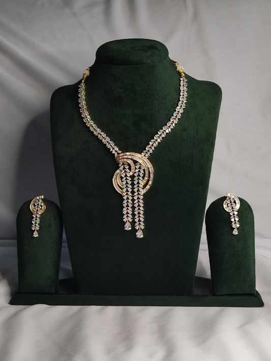 Stylish unique American Diamond neckpiece with solitaire ad nd brocade AD