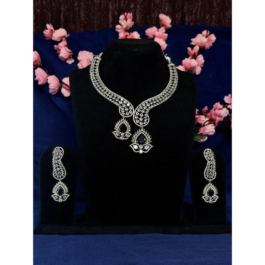 Royal Blue & White American Diamond Necklace Set with Earrings