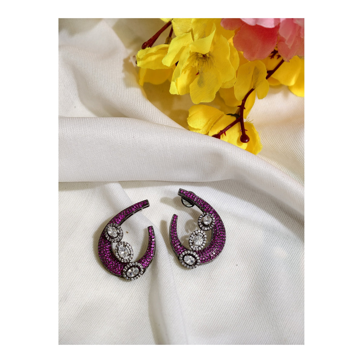 Ruby Pink Nano Setting AD Crescent Earrings