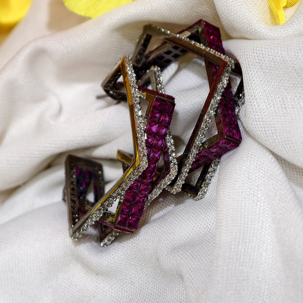 Close-up of Ruby Pink Nano Setting AD Geometric Hoop Earrings