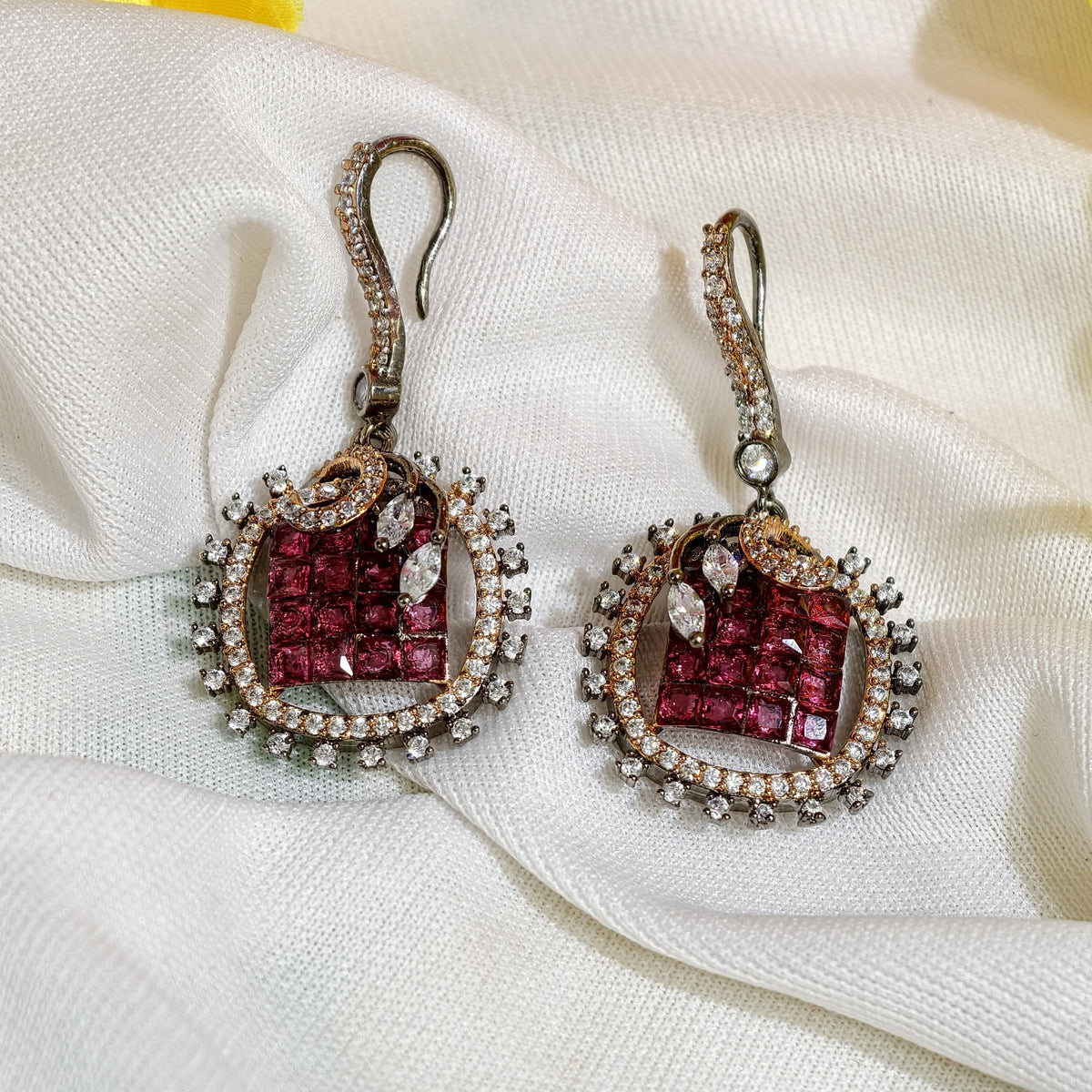 Close-up of Ruby Pink Nano Setting AD Square Drop Earrings