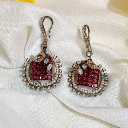 Close-up of Ruby Pink Nano Setting AD Square Drop Earrings