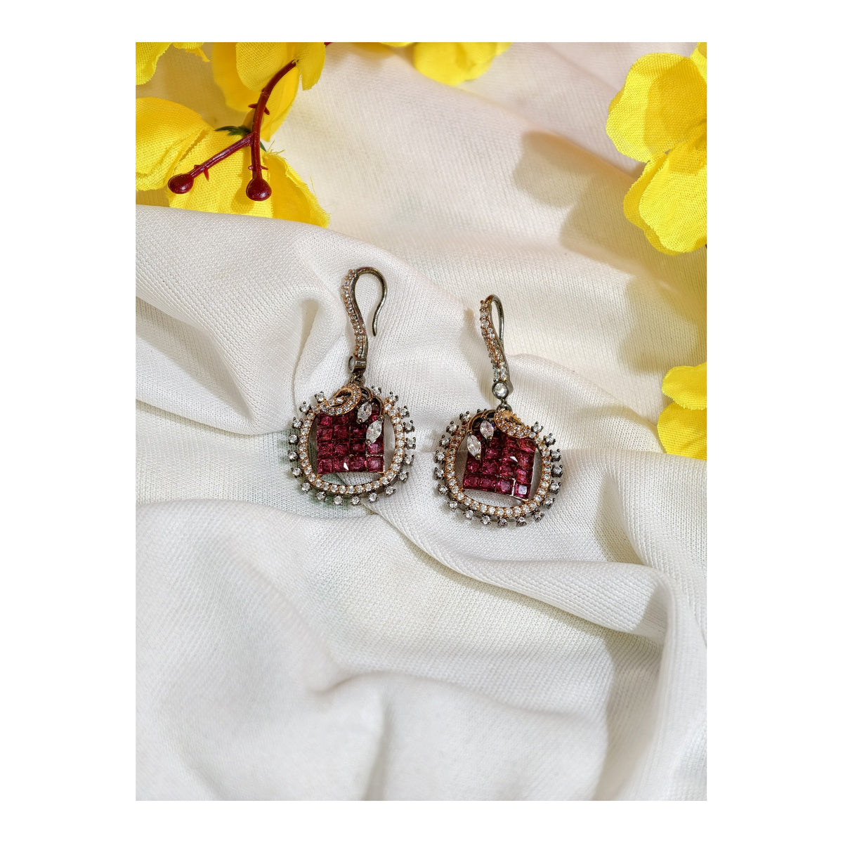 Ruby Pink Nano Setting AD Square Drop Earrings
