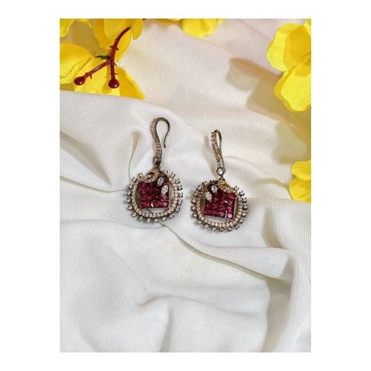 Ruby Pink Nano Setting AD Square Drop Earrings