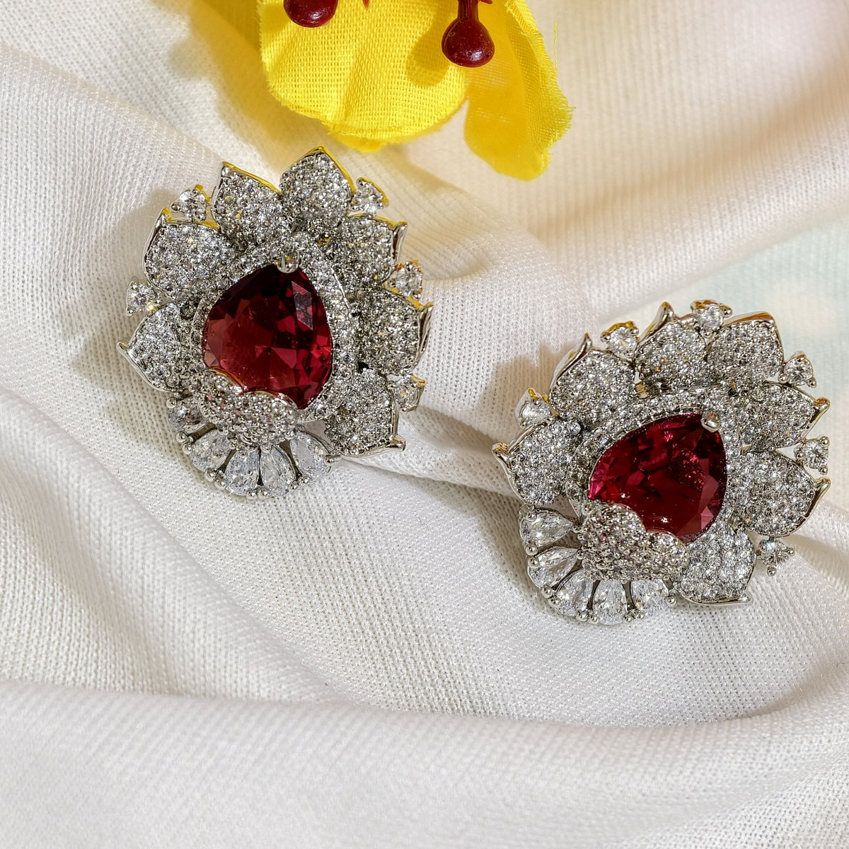 Close-up of Ruby Red Heart Nano Setting AD Stud Earrings