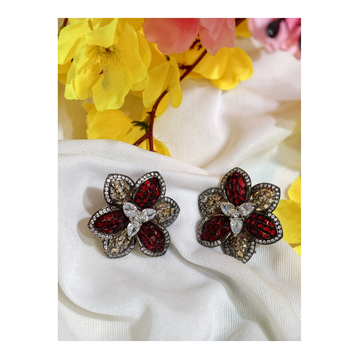 Ruby Red Nano Setting AD Floral Stud Earrings