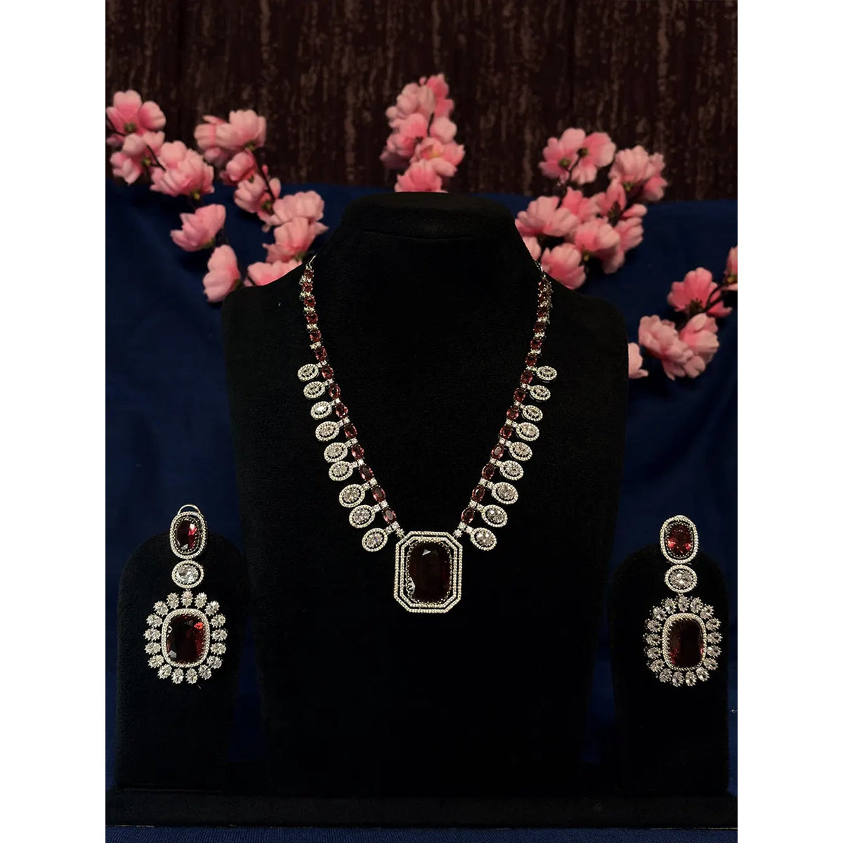 Ruby Red & White American Diamond Oval Graduated Emerald Cut Pendant Necklace Set with Drop Earrings