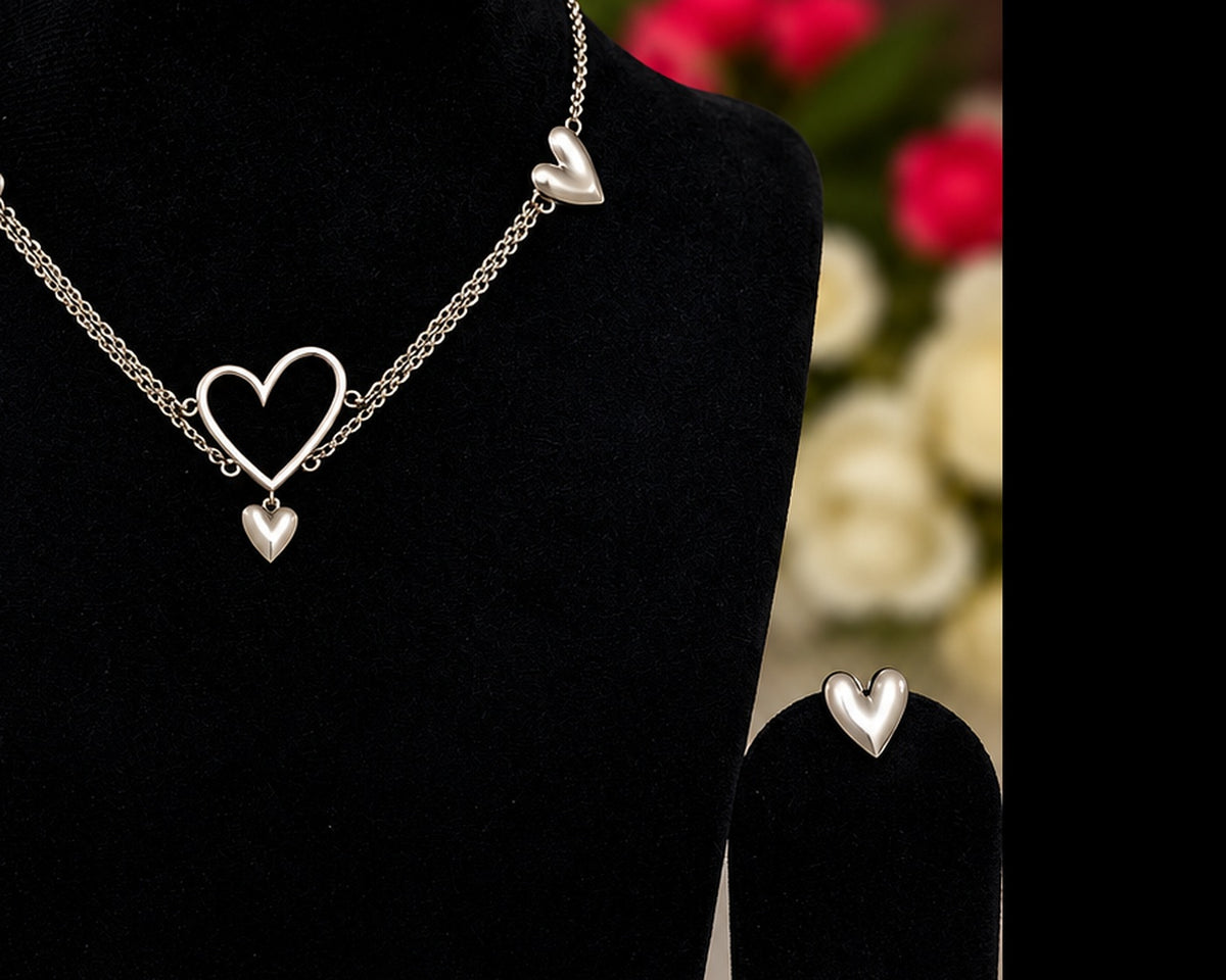 Close-up of silver replica heart necklace pendant details