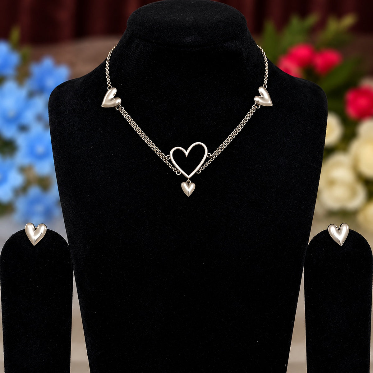 Silver replica heart necklace and earrings set - featured view