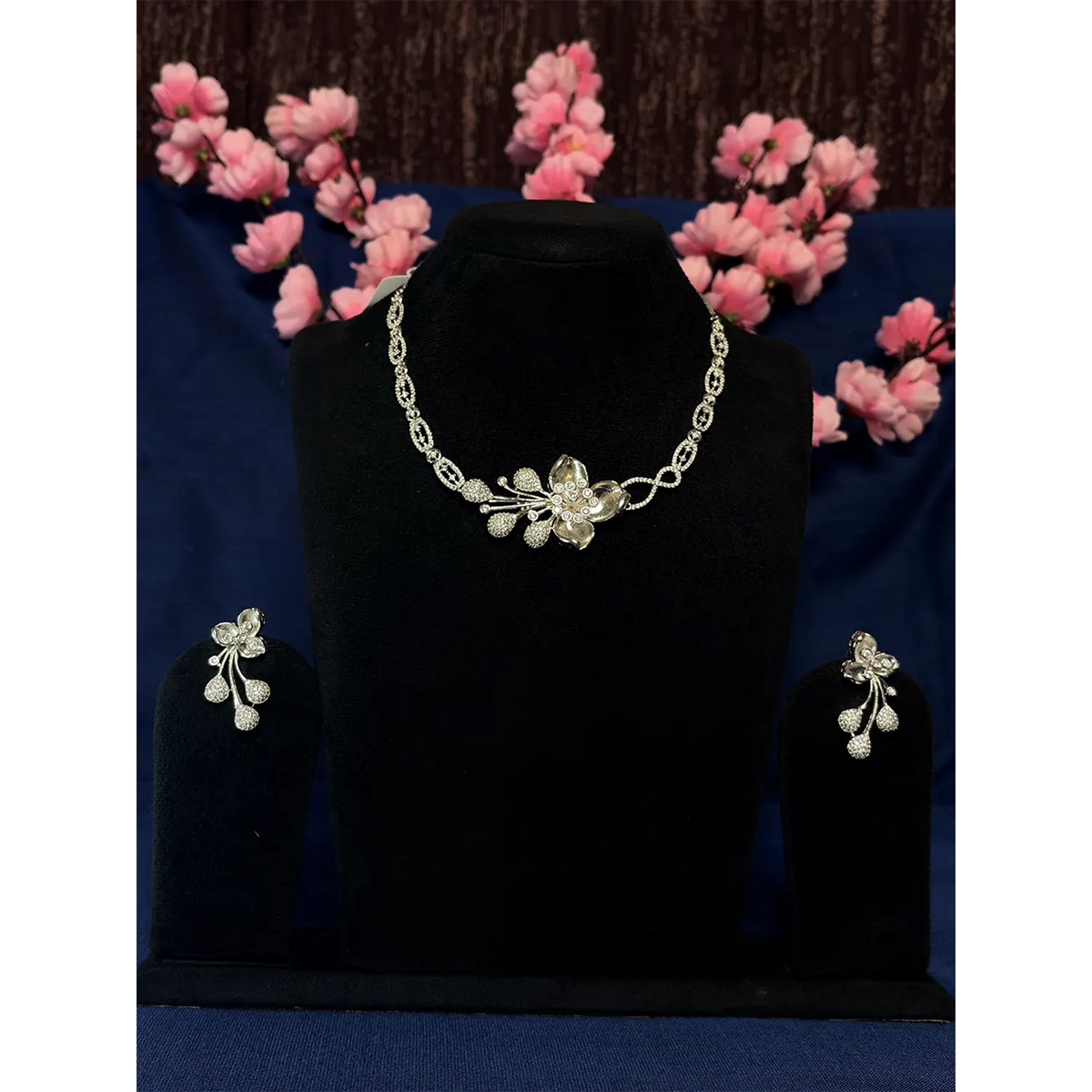 Silver White American Diamond 3D Blossom & Berry Branch Necklace Set with Stud Earrings