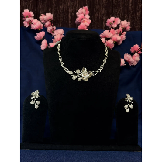 Silver White American Diamond 3D Blossom & Berry Branch Necklace Set with Stud Earrings