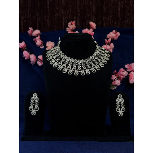 Silver White American Diamond Floral Teardrop Choker Necklace Set