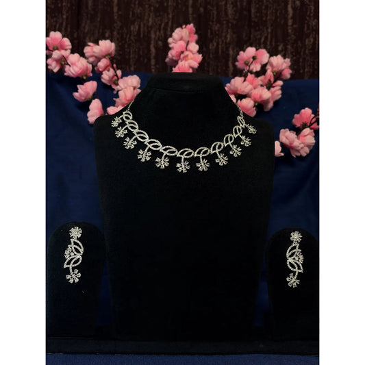 Silver White American Diamond Twisted Loop & Snowflake Necklace Set with Dangler Earrings