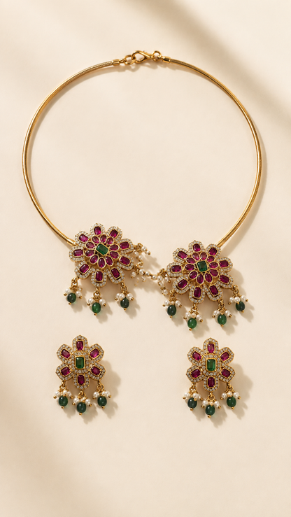 South Indian brass Hasli set with CZ and Kemp stones on ivory