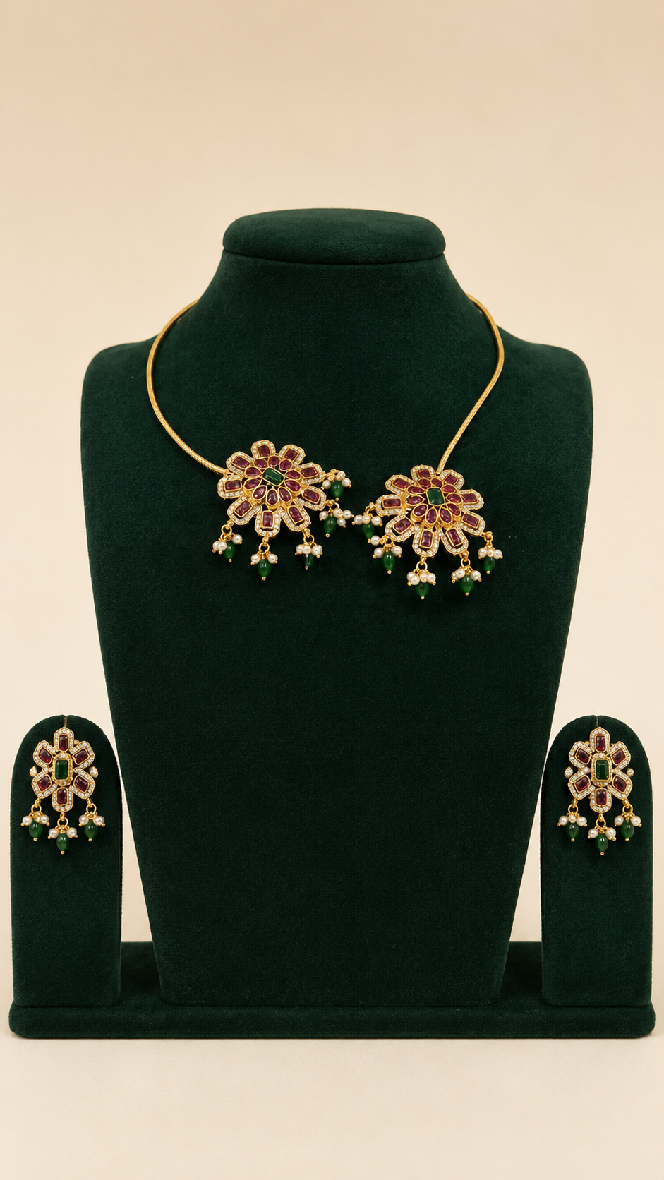 South Indian brass Hasli necklace set with CZ and Kemp stones
