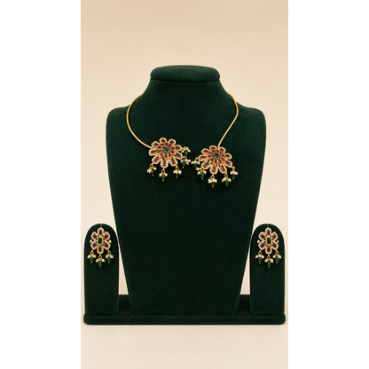 South Indian Brass Hasli Necklace Set with CZ & Kemp Stones