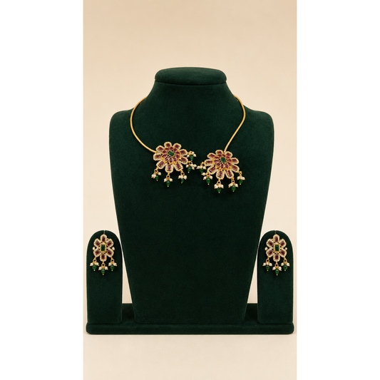 South Indian Brass Hasli Necklace Set with CZ & Kemp Stones