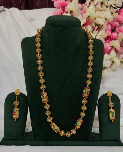 South Indian Matar Mala long necklace set with matching earrings