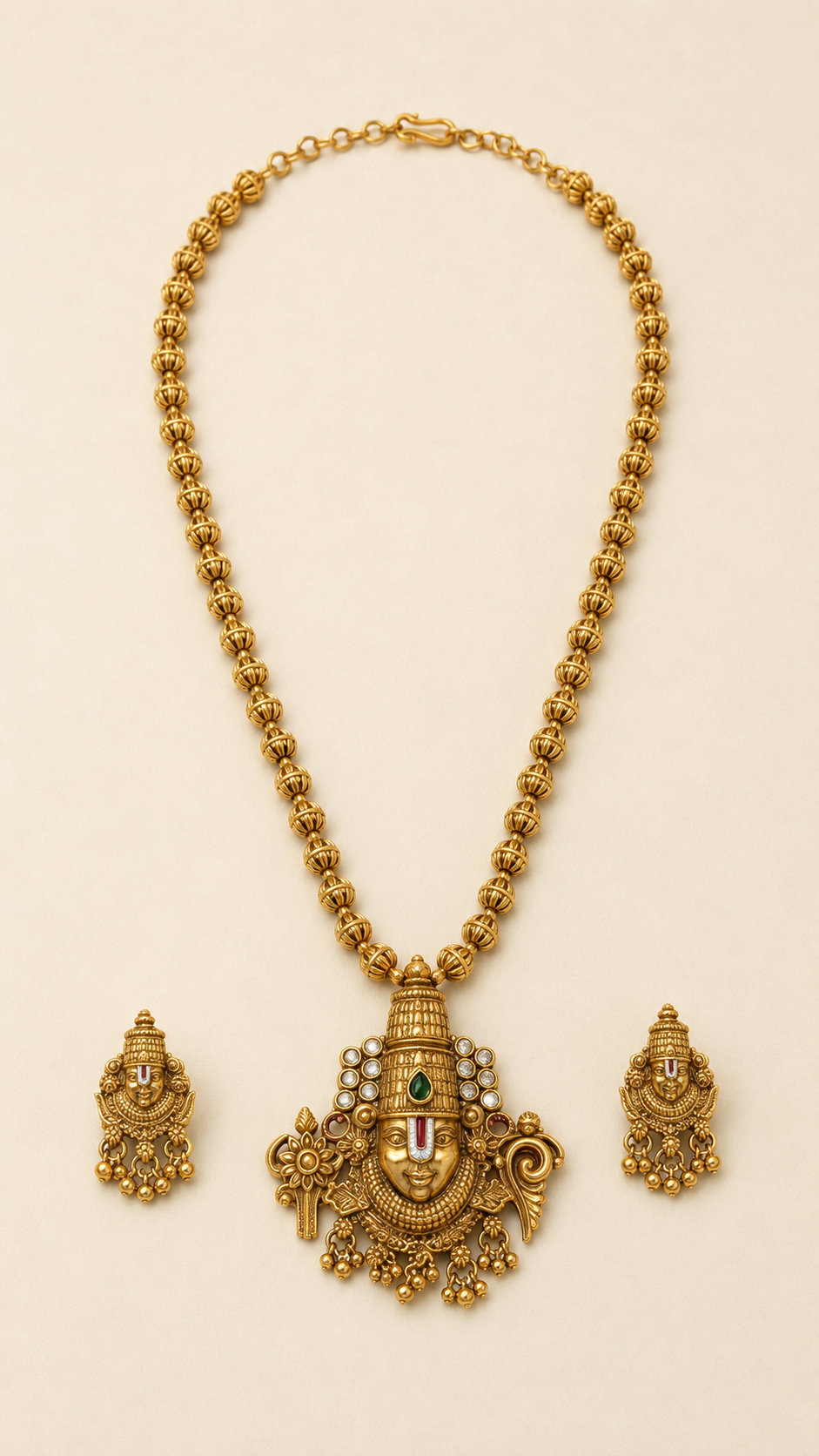 South Indian Venkateshwara Matar Mala necklace set on ivory