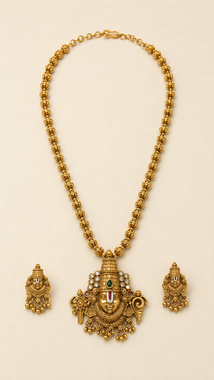 South Indian Venkateshwara Matar Mala necklace set on ivory
