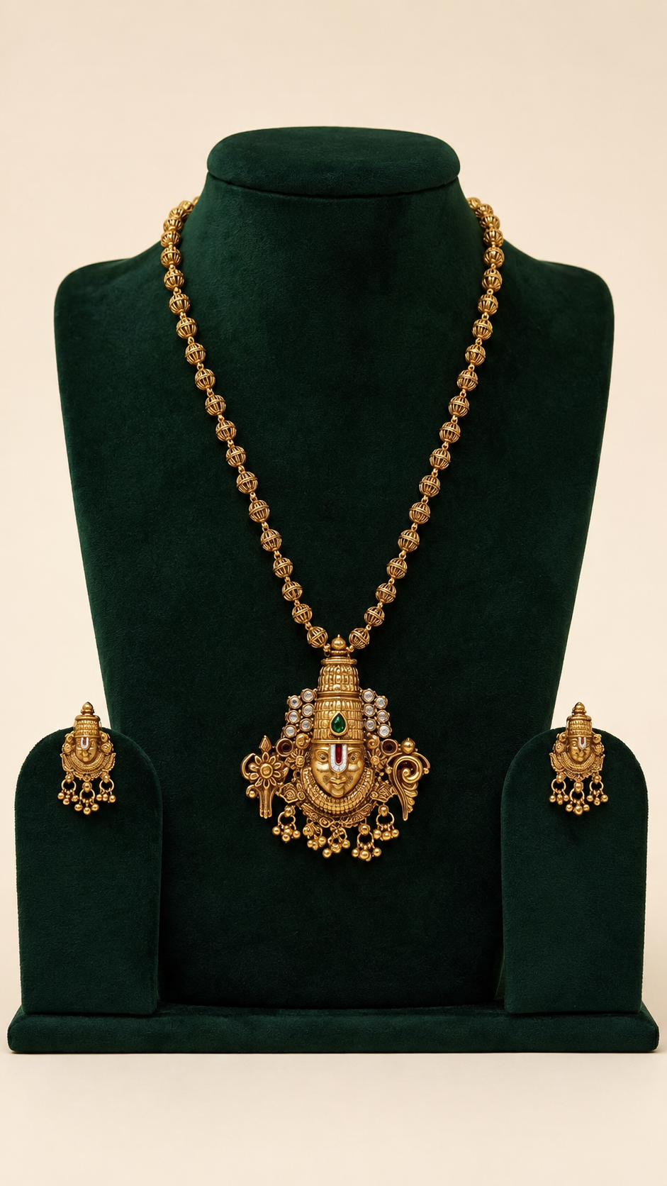 South Indian Venkateshwara Matar Mala long necklace set with earrings